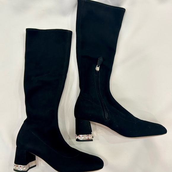 Miu Miu Black Knee-High Suede Boots with Crystal-Trim Block Heel - Picture 5 of 14